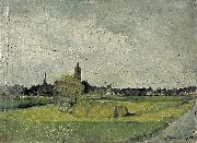Theo van Doesburg Landschap met hooikar, kerktorens en molen. oil